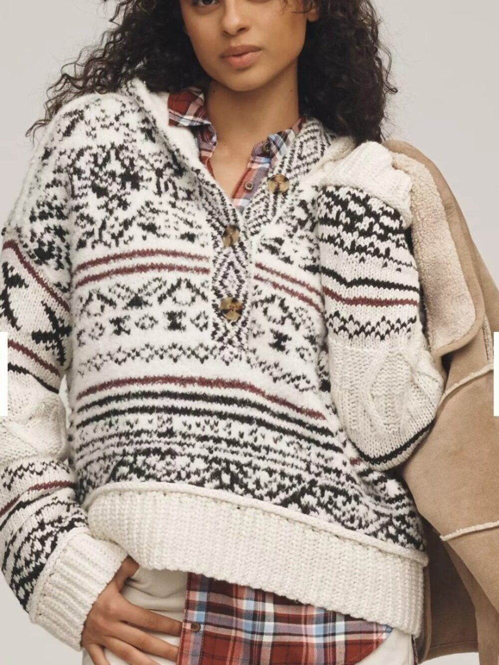 Pilcro Fair Isle Nordic Sweater Hood Relaxed Boho Small